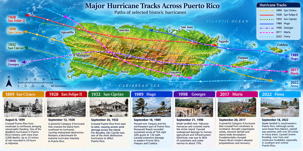Map illustraing hurricanes trajectories