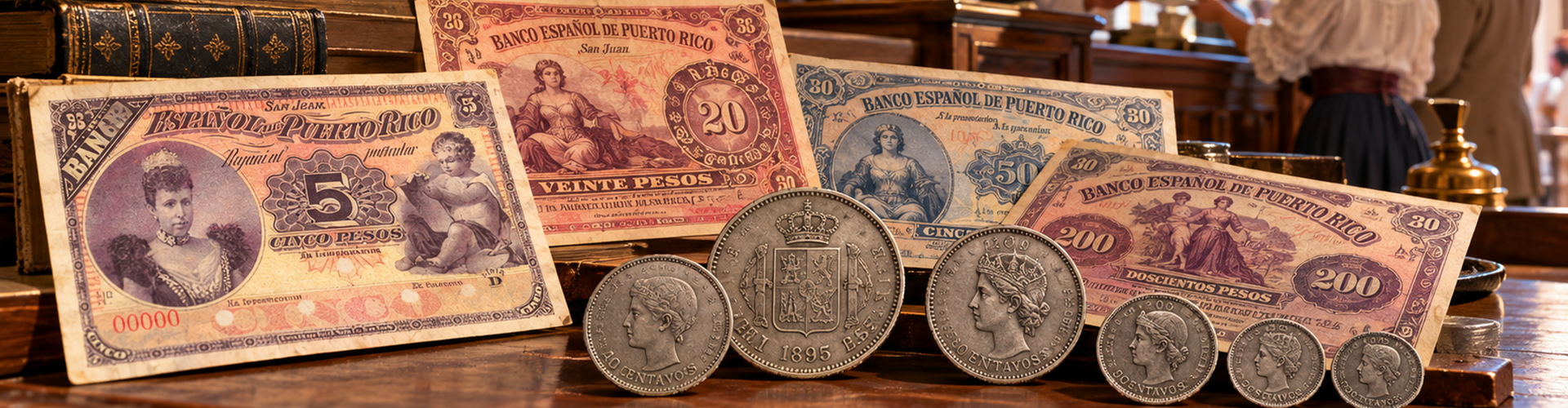 Puerto Rico's old money coins and bank notes illustration Puerto Rico's old money coins and bank notes illustration