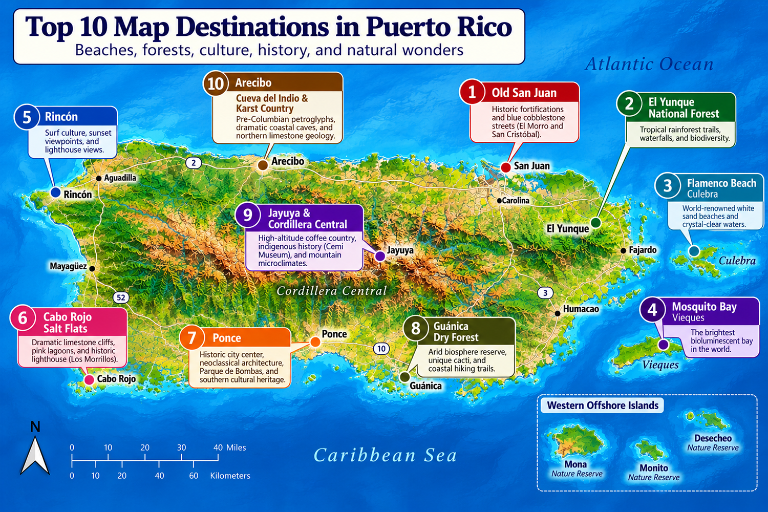 Illustrated map of Puerto Rico highlighting ten popular destinations, including Old San Juan, El Yunque, Culebra, Vieques, Rincón, Cabo Rojo, Ponce, Guánica, Jayuya, and Arecibo.
